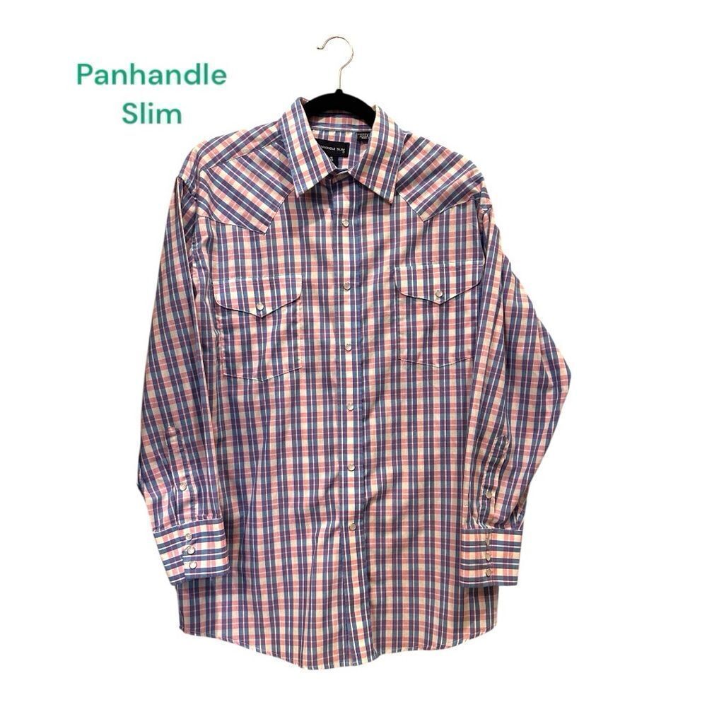 Panhandle Slim Pearl Snap Shirt Men's 16/33 Western Plaid pink white and blue